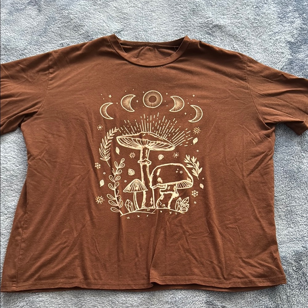 Brown Graphic Tee with Mushroom and Moon Design